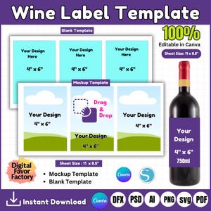 750ml Wine Bottle Label Template Bundle | Wine Label SVG, Canva Wine Tag, Custom Bottle Cover, Editable Mockup, Printable Label Design