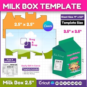 Milk Box Template SVG | DIY Milk Carton Gift Box | 2.5x2.5" Party Favor Box | Printable Blank Box Template | Canva Editable Box Mockup Svg