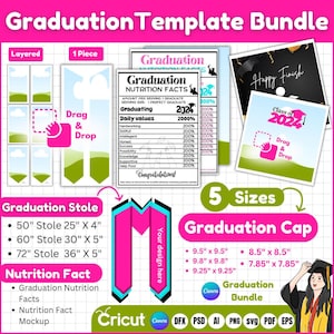 May include: A graduation template bundle with a pink and blue graduation stole, a graduation cap, and a nutrition facts graphic with the text "Graduation Nutrition Facts". The bundle includes five sizes of graduation caps and stoles. The graphic also includes the text "Graduating 2024".