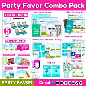 May include: A digital collage of party favor templates for Cricut. The collage includes a variety of boxes, bags, and containers in blue and green colors. The text "Party Favor Combo Pack" is at the top of the image. The text "Your Design Here" appears on several of the templates.