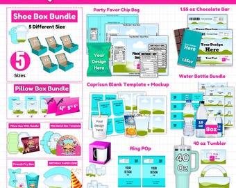 May include: A digital collage of party favor templates for Cricut. The collage includes a variety of boxes, bags, and containers in blue and green colors. The text "Party Favor Combo Pack" is at the top of the image. The text "Your Design Here" appears on several of the templates.