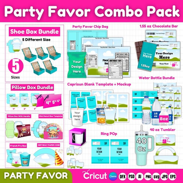 Birthday Party Favor Template, Shoe Box Party Templates, Chip Bag Label, Water Bottle Label, Pillow Box Template, Mug Box Template, Mockups