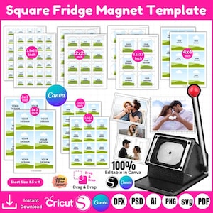 May include: A template for square fridge magnets in various sizes, including 6.35x6.35 cm, 5.08x5.08 cm, 7.62x7.62 cm, 7.87x7.87 cm, and 10.16x10.16 cm. The design includes a magnet maker, sample photos, and Canva branding. The sheet size is 21.59 x 27.94 cm.