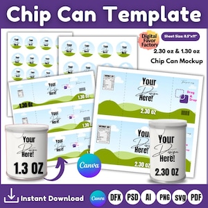 Puede incluir: Una plantilla digital para maquetas de latas de patatas fritas. La plantilla incluye dos tamaños: 2,30 oz y 1,30 oz. La plantilla presenta un diseño de colina verde y cielo azul. El texto "¡Tu diseño aquí!" está incluido en la plantilla.