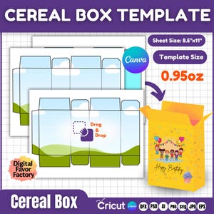 May include: A printable cereal box template with a yellow birthday design. The template is 8.5 inches by 11 inches and the finished box is 0.95 ounces. The template includes a drag and drop area for personalization.