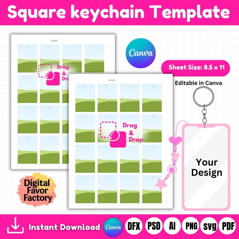 May include: A pink square keychain template with the text "Square keychain Template" at the top. The design includes a sheet with 16 photo placeholders, a Canva logo, and a keychain with the text "Your Design". The sheet size is 21.6 x 27.9 cm.