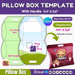 May include: A printable template for a pillow box with a handle. The template is 4.4 inches by 3.6 inches and is designed to be edited in Canva. The template features a light blue sky with a white cloud, green grass, and a purple and white hand icon with the words "Drag & Drop". The template also includes a sample pillow box with a red background and a birthday theme.