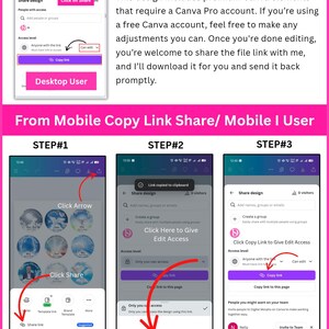 May include: A guide on how to share a Canva copy link with edit access. The image shows a desktop and mobile interface with step-by-step instructions, including how to click the share button and copy the link.