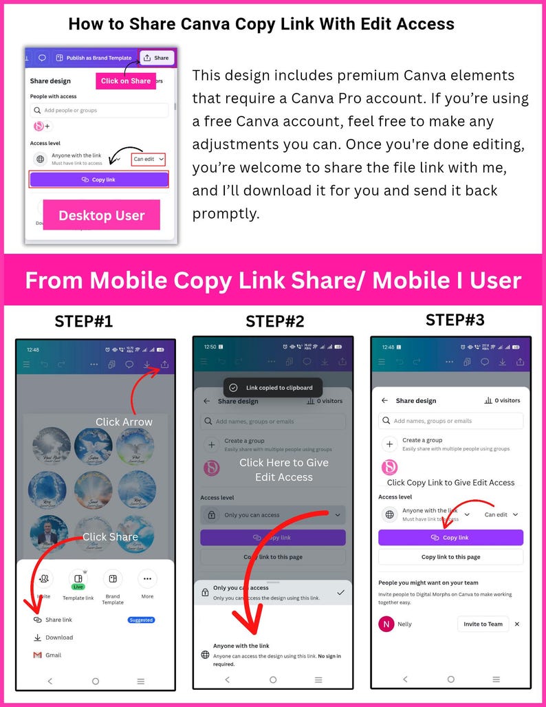 May include: A guide on how to share a Canva copy link with edit access. The image shows a desktop and mobile interface with step-by-step instructions, including how to click the share button and copy the link.