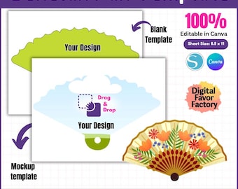 May include: A digital template for creating a fan with a floral design. The template is editable in Canva and includes a blank template, a mockup template, and a drag and drop area for adding your own design. The template is 8.5 inches by 11 inches.