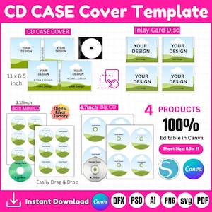 Plantilla de carátula de CD personalizable, conjunto de plantillas de carátula de CD, minietiqueta de CD con carátula, tarjeta de carátula de CD, diseño de etiqueta de CD, plantilla de CD editable