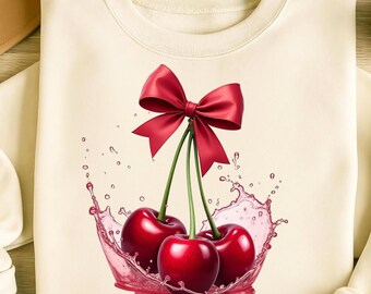 Red Cherries PNG: Coquette Bow Design, T-Shirt Sublimation (Digital Download 14x14 inches)