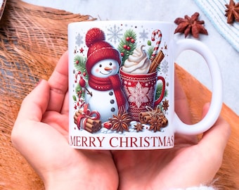 Frohe Weihnachten Becher Wrap, 11 Unzen und 15 Unzen Kaffeebecher Wrap Sublimationsdesigns, 3D Weihnachtsbecher Png, Heiße Cocabecher Schneemannbecher, digitaler Download