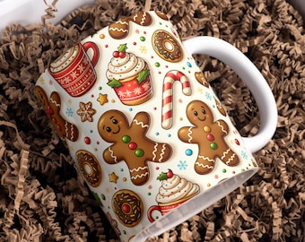 Envoltorio para taza navideña de pan de jengibre, envoltorio para taza de café de 11 oz y 15 oz, diseños de sublimación 3D para taza de chocolate caliente navideño, descarga digital PNG.