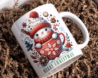 Merry Christmas Mug Wrap PNG, 11 oz & 15 oz Coffee Mug Template, 3D Snowman Mug, Hot Chocolate Mug Sublimation Designs, Digital Download