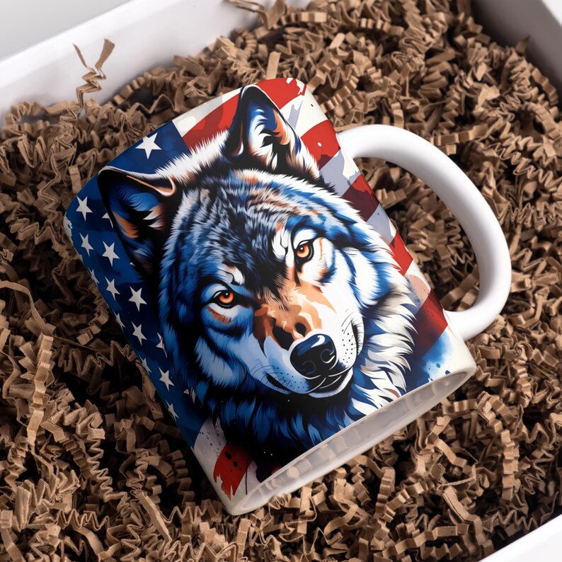 USA Mug Wrap PNG, Wolf Mug Wrap, 11 oz & 15 oz Coffee Mug Wrap, Patriotic Mug Wrap, Coffee Cup Sublimation Designs, Instant Digital Download
