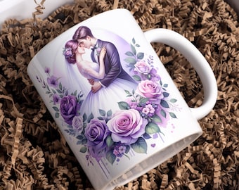 Caneca 3D para casal de noivos, modelo de caneca para casal recém-casado de 11 oz e 15 oz, designs de sublimação PNG para MugWrap, caneca com flores, download digital