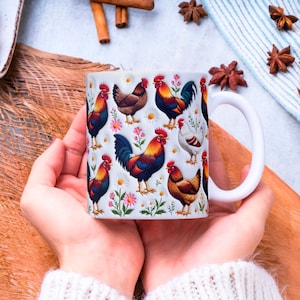 Inflated Chicken Mug Wrap 11 oz & 15 oz Rooster Mug Wrap Coffee Mug Png Sublimation Designs Floral Chicken Mug Wrap Digital Download PNG