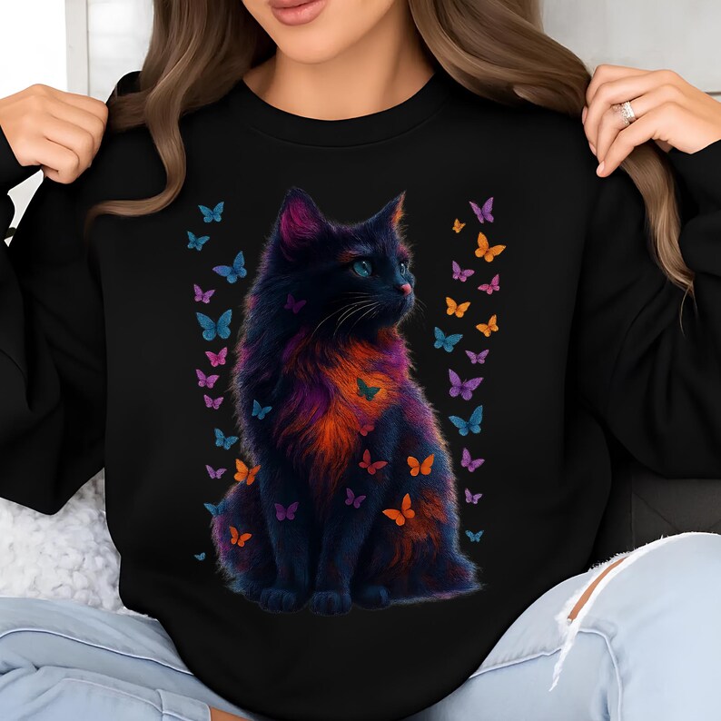 Kitten PNG T-Shirt Design Cat Lover Png Sublimation Design Black Cat Png Colorful Butterfly Png Cat Lover Shirt Tending Png Digital Download