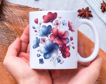 Blumenbecher wickeln 11 Unze 15 Unze Kaffeebecher PNG 3D-Becher-Verpackung Blaue Blumen-Tasse Sublimations-Designs Rote Blumen-Becher-Vorlage Digitaler Download PNG