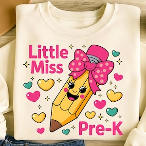 Little Miss Pre-K PNG Sublimation Designs, Coquette Bow Png, Pre-Kindergarten Png, Pencil PNG, Kids Png, T-Shirt Design, Digital Download