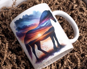 Plantilla de taza de café de 11 oz y 15 oz con diseño de caballo, PNG, diseño de sublimación de taza de bosque, diseño de taza Sunshine, diseño de taza 3D, descarga digital