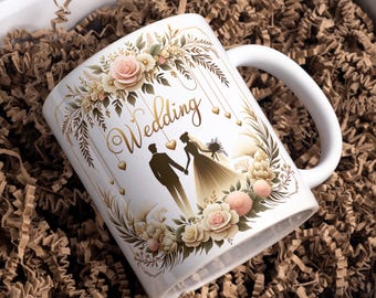 Adesivo para Caneca de Casal, Modelo para Caneca de Café de 325ml e 445ml, Designs de Sublimação para Canecas de Casamento, Adesivo para Caneca de Casal, Adesivo 3D para Caneca, Download Digital