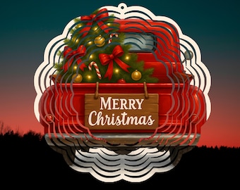 Peut inclure: Un camion rouge vintage transportant un sapin de Noël, orné de lumières, de nœuds et de boules. Une enseigne en bois indique "MERRY Christmas". L'image est placée sur un fond dégradé.