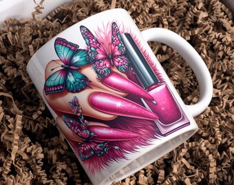 Pink Glitter Nails Mug Wrap, Sublimation Designs, 11 oz & 15 oz Coffee Mug Template, Butterfly Mug Wrap, 3D Mug Wrap, Digital Download PNG