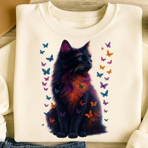 Kitten PNG T-Shirt Design Cat Lover Png Sublimation Design Black Cat Png Colorful Butterfly Png Cat Lover Shirt Tending Png Digital Download