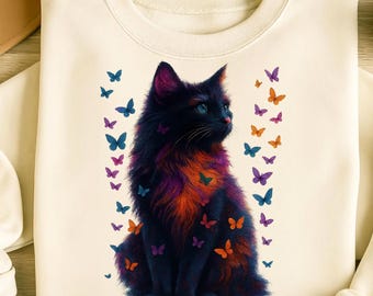 Kitten PNG T-Shirt Design Cat Lover Png Sublimation Design Black Cat Png Colorful Butterfly Png Cat Lover Shirt Tending Png Digital Download