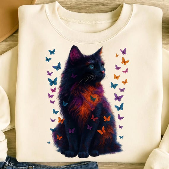 Kitten PNG T-Shirt Design Cat Lover Png Sublimation Design Black Cat Png Colorful Butterfly Png Cat Lover Shirt Tending Png Digital Download