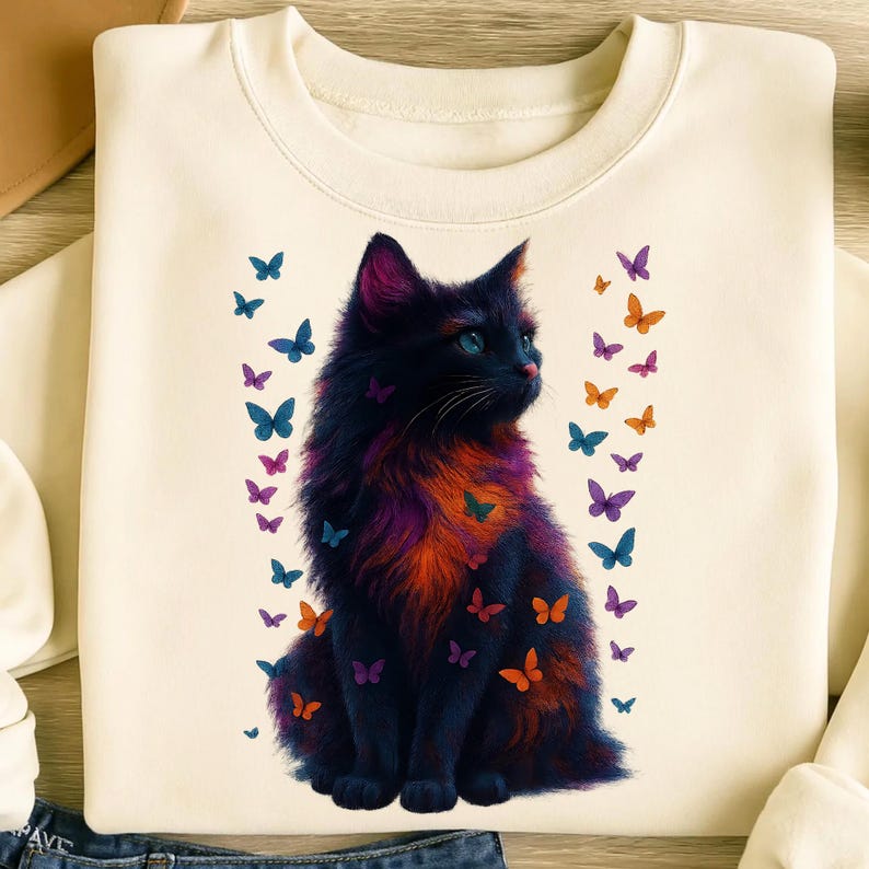 Kitten PNG T-Shirt Design Cat Lover Png Sublimation Design Black Cat Png Colorful Butterfly Png Cat Lover Shirt Tending Png Digital Download