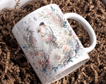 Adesivo 3D para Caneca de Casamento, Modelo para Caneca de Café de Casal de 325ml e 445ml, Designs para Sublimação em Canecas de Casamento, Adesivo para Caneca de Casal de Noivos, Download Digital