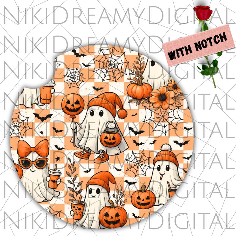 Spooky Ghost Car Coaster PNG, Car Cup Coasters, Halloween Pumpkin Car Coasters, Car Coaster Template, Sublimation Designs, Digital Download