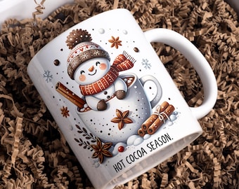 Envoltura para taza de chocolate caliente PNG, plantilla para taza de café de 11 oz y 15 oz, diseños de sublimación para taza de chocolate caliente navideño en 3D, descarga digital
