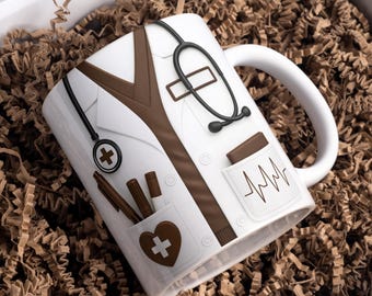 Medical Appreciation Mug Wrap, 11 oz & 15 oz Coffee Mug Wrap, 3D Brown Doctor Mug Wrap, Coffee Cup Sublimation Designs, Digital Download PNG