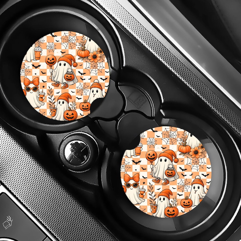 Spooky Ghost Car Coaster PNG, Car Cup Coasters, Halloween Pumpkin Car Coasters, Car Coaster Template, Sublimation Designs, Digital Download