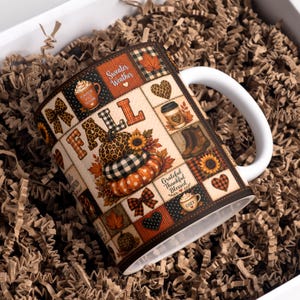 Fall Mug Wrap, Autumn Mug Wrap, 3D Patchwork Mug Wrap, Thankful Mug Wrap, 11 Oz & 15 Oz Coffee Mug Wrap, Pumpkin Mug Wrap, Digital Download