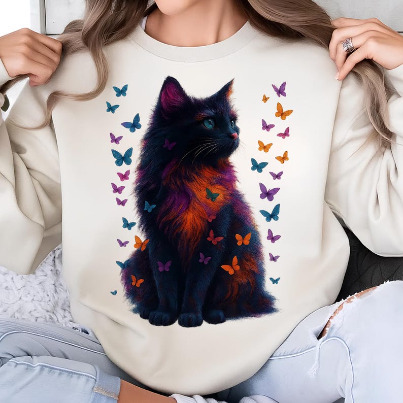 Kitten PNG T-Shirt Design Cat Lover Png Sublimation Design Black Cat Png Colorful Butterfly Png Cat Lover Shirt Tending Png Digital Download
