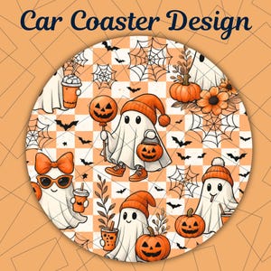 Spooky Ghost Car Coaster PNG, Car Cup Coasters, Halloween Pumpkin Car Coasters, Car Coaster Template, Sublimation Designs, Digital Download