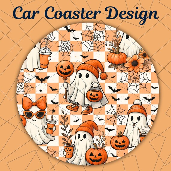 Spooky Ghost Car Coaster PNG, Car Cup Coasters, Halloween Pumpkin Car Coasters, Car Coaster Template, Sublimation Designs, Digital Download