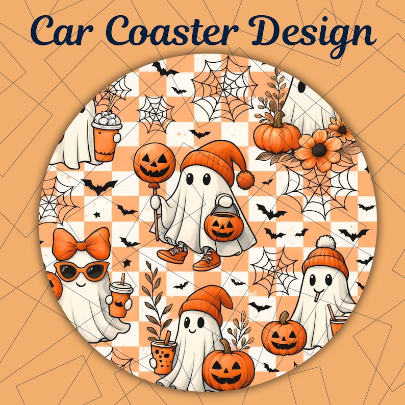 Spooky Ghost Car Coaster PNG, Car Cup Coasters, Halloween Pumpkin Car Coasters, Car Coaster Template, Sublimation Designs, Digital Download