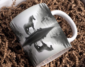 Plantilla de taza de café de 11 oz y 15 oz con diseño de caballo, sublimación de taza de bosque, envoltura de taza de caballo, envoltura de taza 3D, descarga digital