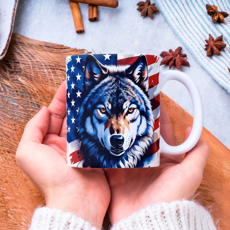 USA Mug Wrap PNG, Wolf Mug Wrap, 11 oz & 15 oz Coffee Mug Wrap, Patriotic Mug Wrap, Coffee Cup Sublimation Designs, Instant Digital Download