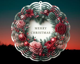 Peut inclure: Une couronne de Noël décorative avec un bord festonné, ornée de boules rouges, de roses et du texte "MERRY CHRISTMAS". L'ensemble est placé sur un fond dégradé de bleu sarcelle et de rouge.