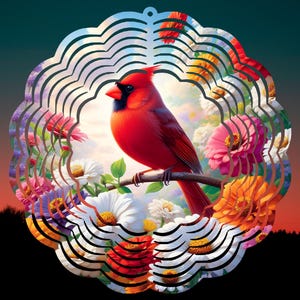 May include: A vibrant red cardinal perched on a branch, surrounded by colorful flowers. The bird is set within a decorative, layered, scalloped frame. The background transitions from a sunset to a dark forest silhouette.