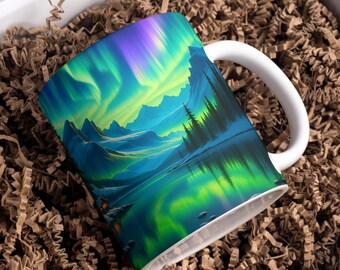 Opakowanie na kubek z motywem Northern Lights, kubek do kawy 11 uncji i 15 uncji PNG, wzory sublimacji na kubku z motywem lasu, opakowanie na kubek 3D, opakowanie na kubek z motywem górskim, pobieranie cyfrowe PNG