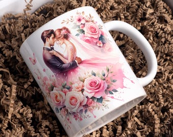 Caneca para casal em 3D, modelo de caneca de café para casal de 11 oz e 15 oz, designs de sublimação de canecas, caneca para casal com flores em 3D, download digital PNG