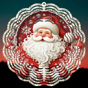 May include: A festive Christmas ornament featuring Santa Claus with a white beard and red hat. The design is layered with intricate cut-out details, snowflakes, and decorative patterns. The background transitions from teal to red.